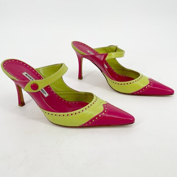 Manolo Blahnik Vintage Lime Pink Wingtip Mary Jane Pointed Toe Mule Heel IT 37 - Picture 1 of 11